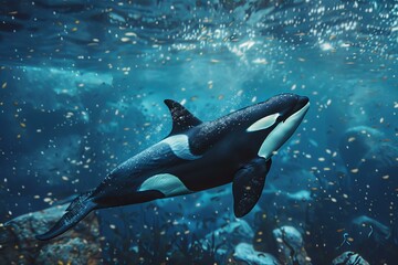 Obraz premium Large orca whale is swimming peacefully in deep blue ocean water surrounded by small fish