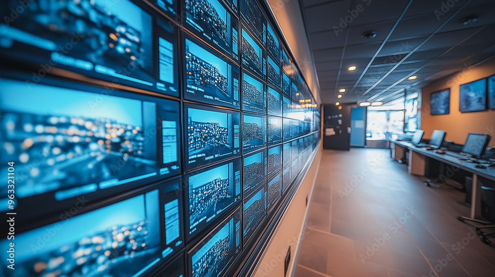 Wall mural a large wall of monitors displaying various images. scene is one of a busy, high-tech environment