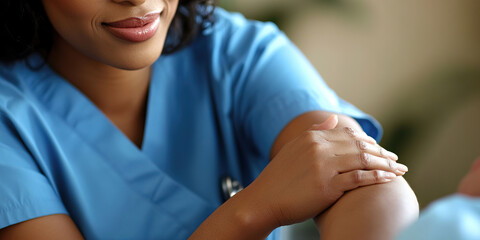 Caring Nurse: A woman in scrubs, gently touching a patient's arm.