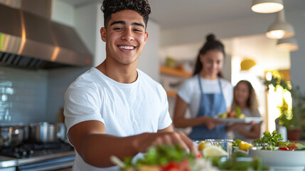 a positive Hispanic college student in a kitchen, preparing a healthy breakfast
