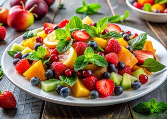 A vibrant fruit salad featuring fresh berries, melons, and mint, perfect for healthy meals or summer gatherings.