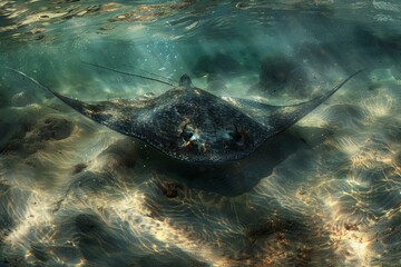 Stingray is swimming in the ocean over a sandy bottom with sunrays shining through the water