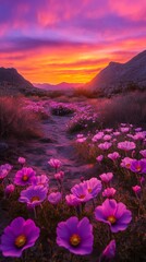 Vibrant cosmos flowers blooming under a mountain sunset