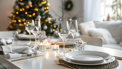 Fototapeta premium Table served for Christmas dinner in living room, close up view