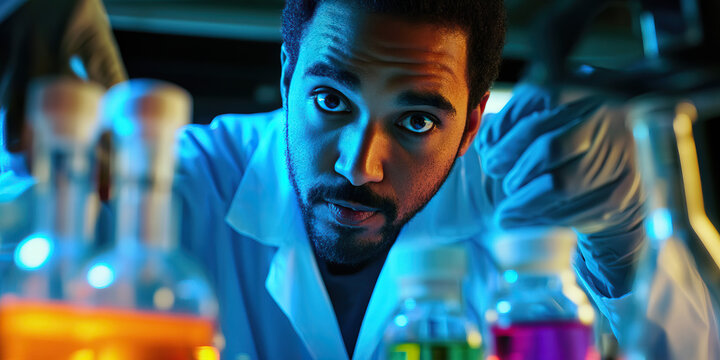 Determined Scientist: A man in a lab coat, focused on an experiment.