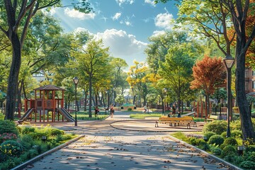 Naklejka premium A park with a playground and benches