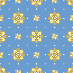 In this seamless pattern, a yellow flower has multiple layers of yellow and gray petals, placed on a blue background. It looks striking, beautiful and eye-catching.