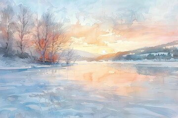 A serene winter landscape featuring a frozen lake reflecting pastel colors of a sunrise behind tree silhouettes.