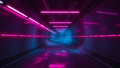Fototapeta premium Futuristic Underground Tunnel with Diagonal Neon Lights and Reflective Puddles