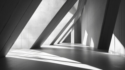 Obraz premium Geometric triangular shapes and sharp shadows create a clean, symmetrical room filled with light and precision.