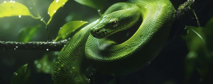 Green tree python resting on branch in lush rainforest