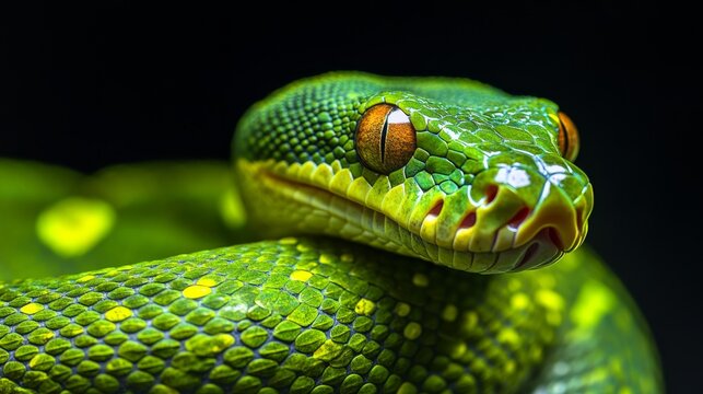 Green tree python snake resting on a branch