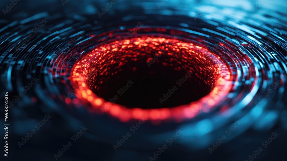 Poster abstract image of a glowing vortex with digital patterns and vibrant colors, symbolizing depth and c