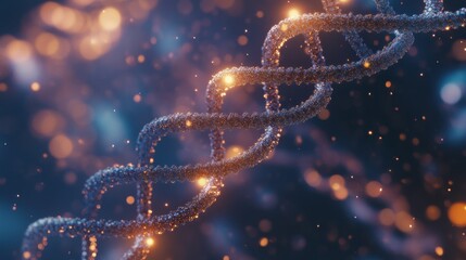 DNA strands intricately floating within a medical backdrop, gently illuminated by subtle light, creating a sense of advanced scientific research and technology.