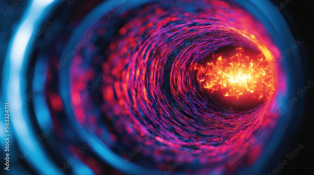 Poster abstract image of a vibrant tunnel with glowing patterns, evoking a sense of depth and movement in a