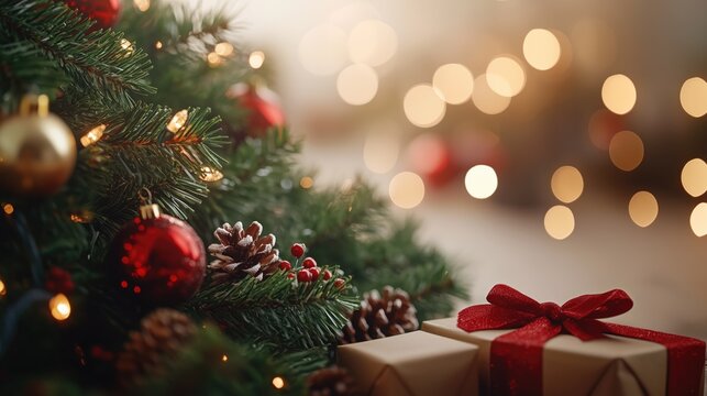 Christmas tree with red golden ornament decorations. Modern classic style interior design apartment. Christmas eve at home, generative ai