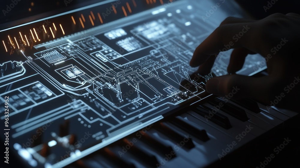Poster Close-up of a Hand Interacting with a Digital Keyboard Display
