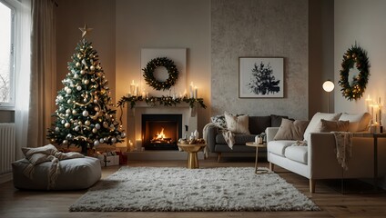 Light modern room decorated for Christmas 