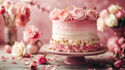 Pastel Pink Floral Birthday Cake on Soft Pink Background