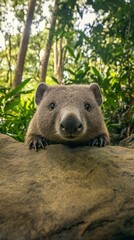 Fototapeta premium Common wombat peeking over rock in australian forest