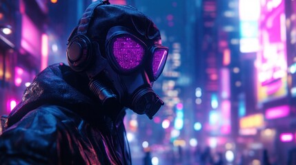 Naklejka premium Fashion-forward cyberpunk theme featuring a gas mask against a neon-lit futuristic cityscape, evoking rebellion and edgy style.