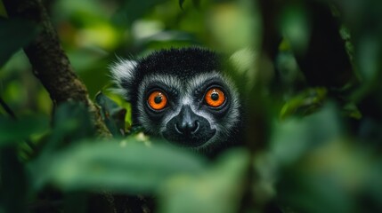 Fototapeta premium Black and white ruffed lemur hiding in the jungle