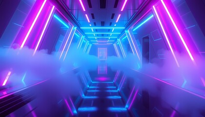 Neon-Lit Sci-Fi Corridor with Diagonal Magenta and Cyan Beams and Polished Floors