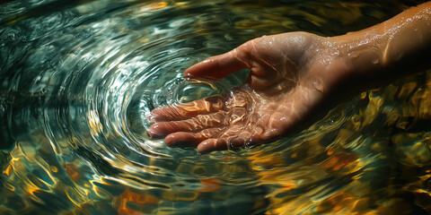 Fototapeta premium Calm Wave: A hand gently moving through water, creating ripples, reflecting the surroundings.