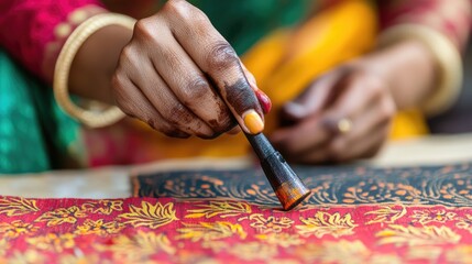 Indian artisan stamping designs onto a sari with ink, a close-up of intricate craftsmanship in bright colors.