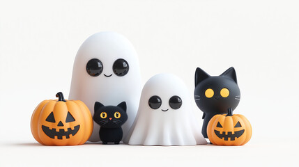 ghost and pumpkins on a gray background. 3d illustration.