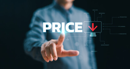 Price discount sale and promotion concept. Lower sign price tag for increase sale product. Drop business finance, money decline, cheap marketing background. Businessman hand with red arrow price icon
