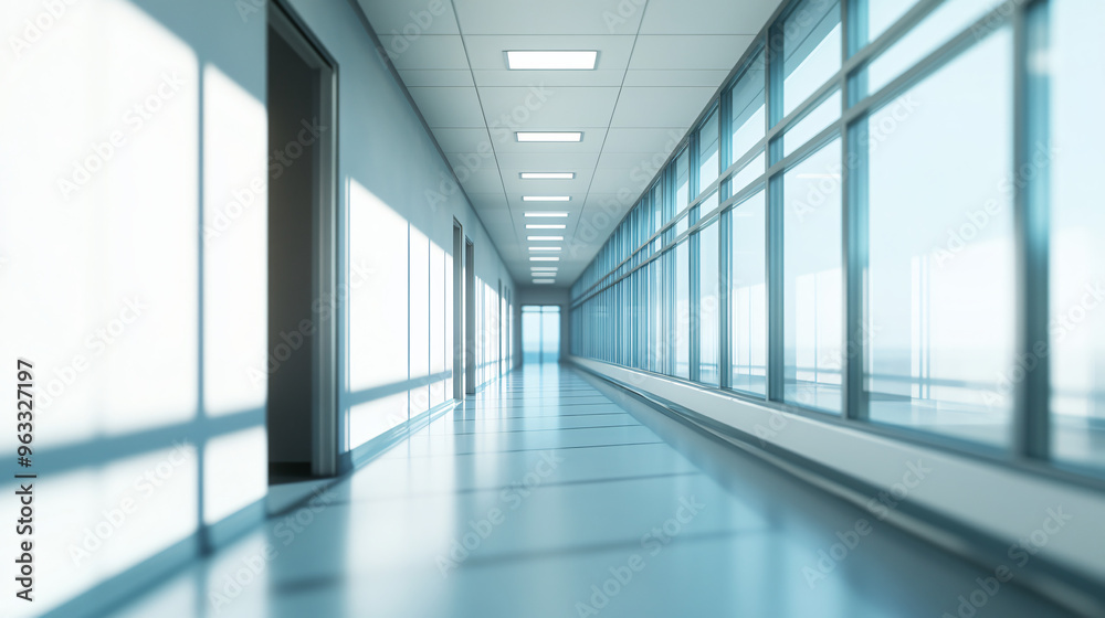 Poster Sunlight streams through windows of a modern office corridor, casting shadows and creating a clean, minimalist atmosphere