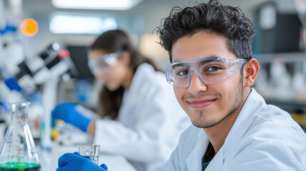 a positive young male hispanic college student working on a scientific project in a lab