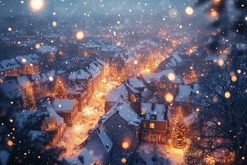Obraz premium A winter cityscape illuminated by festive lights and falling snowflakes.