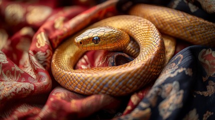Obraz premium Golden snake resting on luxurious red and black fabric