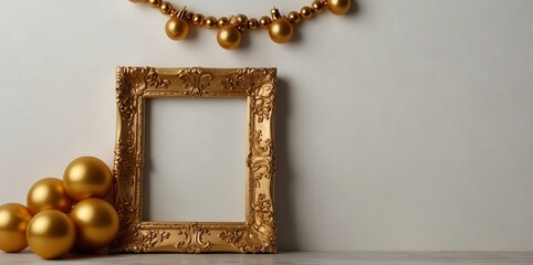 Festive golden photo frame against a white wall