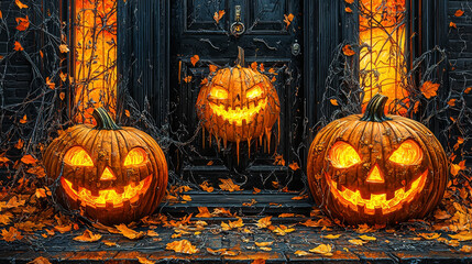 Obraz premium Three jack-o'-lanterns with glowing eyes sit on a porch for Halloween.