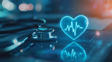 Stethoscope is analyzing a futuristic glowing blue heart beat hologram on top of a digital tablet
