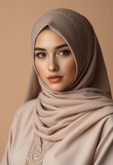 Naklejka premium woman in hijab and abaya on beige background. Muslim modest fashion wear shoot