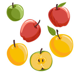 vector drawing red, green and yellow apples isolated at white background