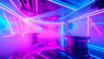 Futuristic Nightclub with Bold Neon Light Patterns in Pink and Blue, Glossy Floors