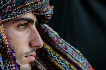 Obraz premium Closeup portrait of a young man wearing a colorful keffiyeh looking to the side with a neutral expression