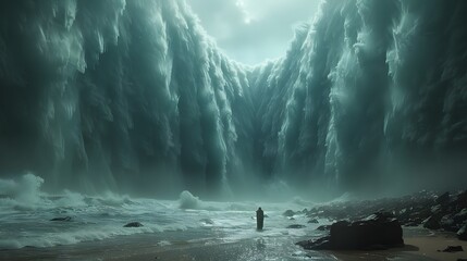 Capture the moment of divine intervention as Moses leads the Israelites through the parted Red Sea, with the water forming towering walls on both sides, creating a grand,