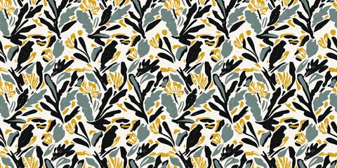 Modern printed fabric flower block print pattern with linen texture effect. Stylized boho dark floral for chic fashion background motif border design.