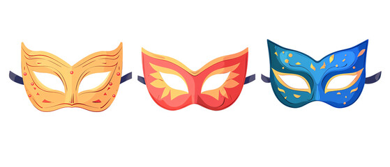 Obraz premium Three colorful masquerade masks in orange, red, and blue.