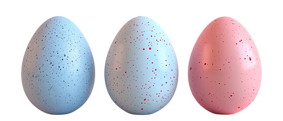 Three speckled eggs in blue, white, and pink.
