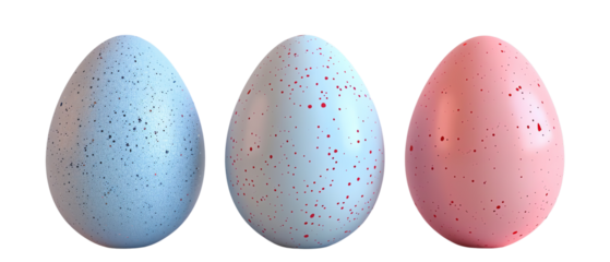 Three speckled eggs in blue, white, and pink.