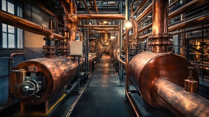 Inside a factory's mechanical room, copper pipes and massive boilers form the core of industrial functionality.