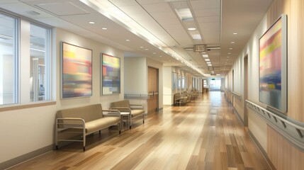 Obraz premium A clean hospital hallway with bright lighting, modern artwork, and waiting benches, showcasing a professional and soothing healthcare setting. Concept: professional healthcare, medical facility, clean