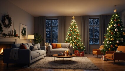 Interior of modern living room with Christmas tree